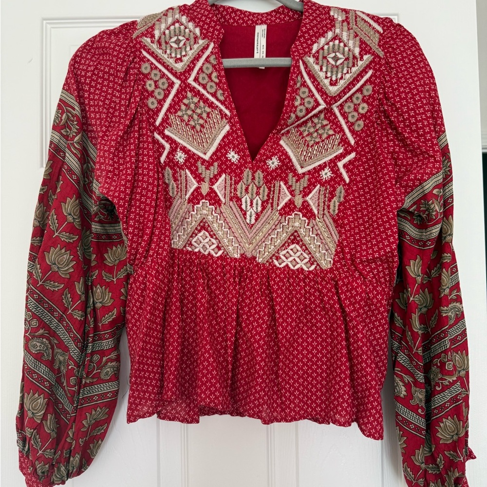 Anthropologie Red Graphic Peplum Blouse